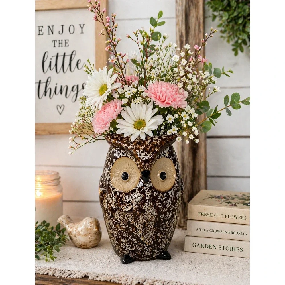 Elegant Expressions‎ Ceramic Owl Vase Brown White Dappled Glaze BS51456W Rustic